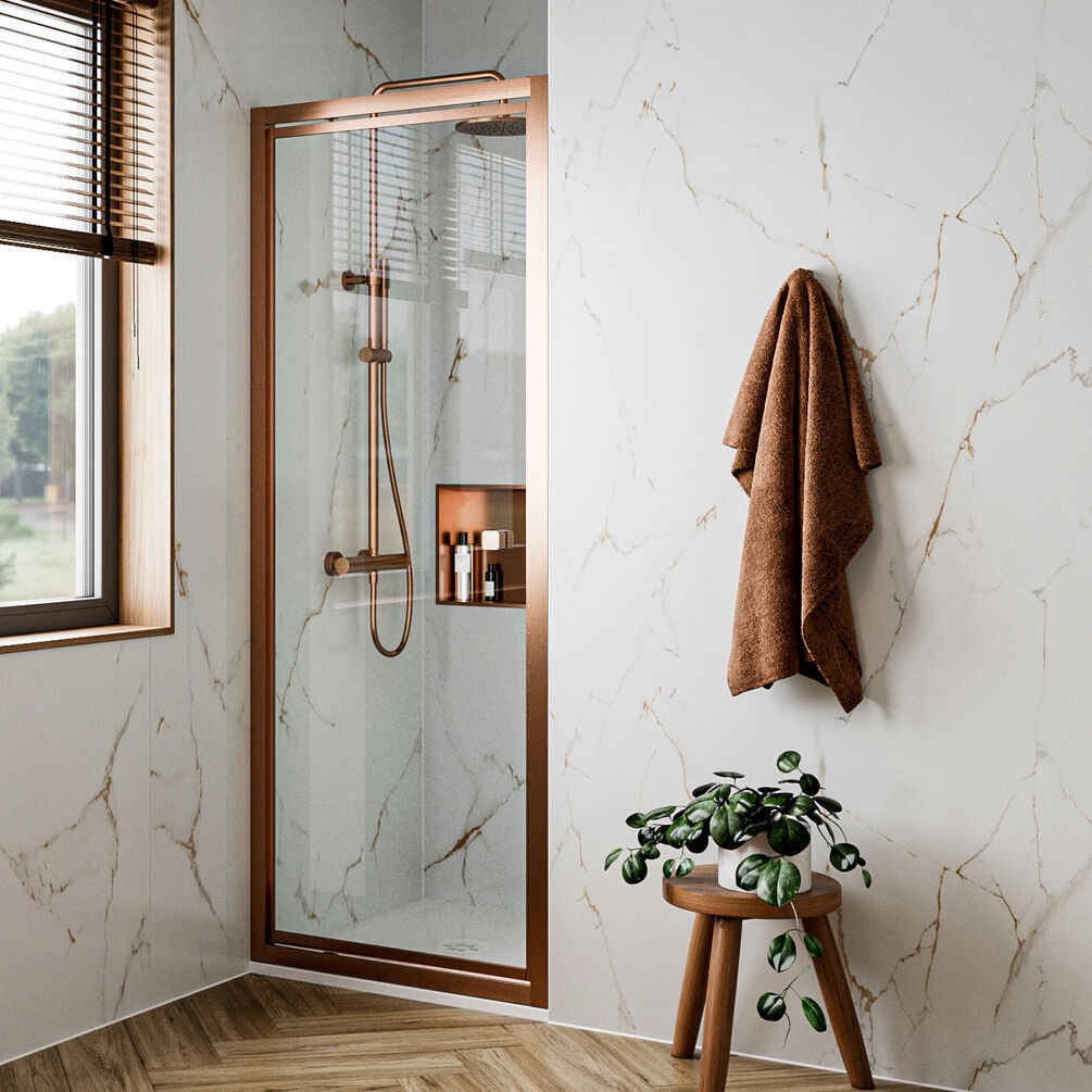 Lifestyle image of Crosswater Clear 6 Brushed Bronze 800mm Pivot Shower Door